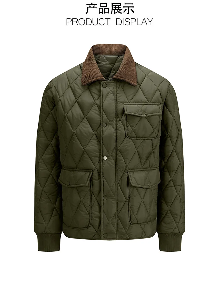 Winter New Fashion Men Green Black Turn-down Collar Long Sleeve Argyle Casual Trendy Simple Daily Parkas Male American Coats