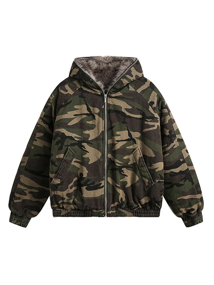 PFNW American Style Men's Padded Jackets Loose Fleece Camouflage Thickened Casual Zipper Hooded Male Coats New Tide 2024 CPG2404