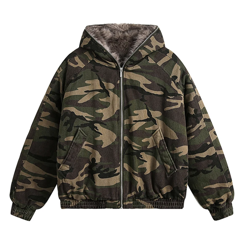 PFNW American Style Men's Padded Jackets Loose Fleece Camouflage Thickened Casual Zipper Hooded Male Coats New Tide 2024 CPG2404