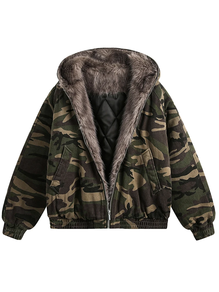 PFNW American Style Men's Padded Jackets Loose Fleece Camouflage Thickened Casual Zipper Hooded Male Coats New Tide 2024 CPG2404