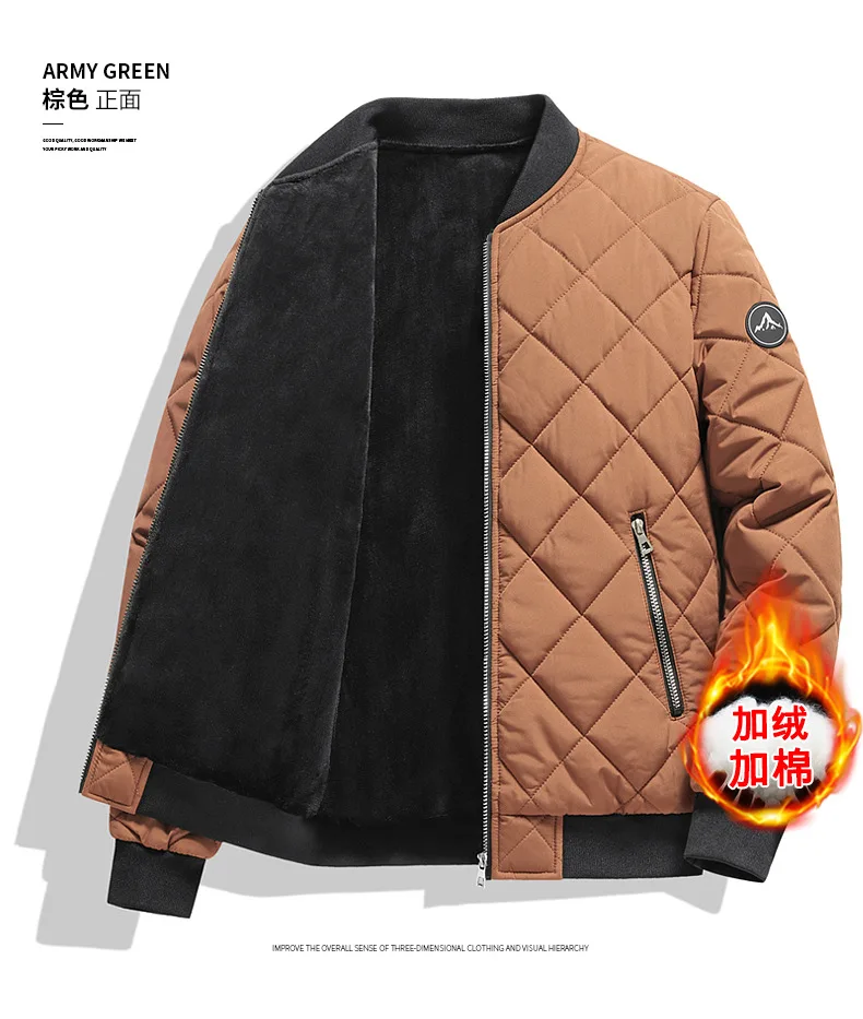 Mens Winter Baseball Style Cotton Padded Outerwear Fashion Casual Stand Collar Fleece Lined Thick Warm Coat For Male Daily Cold