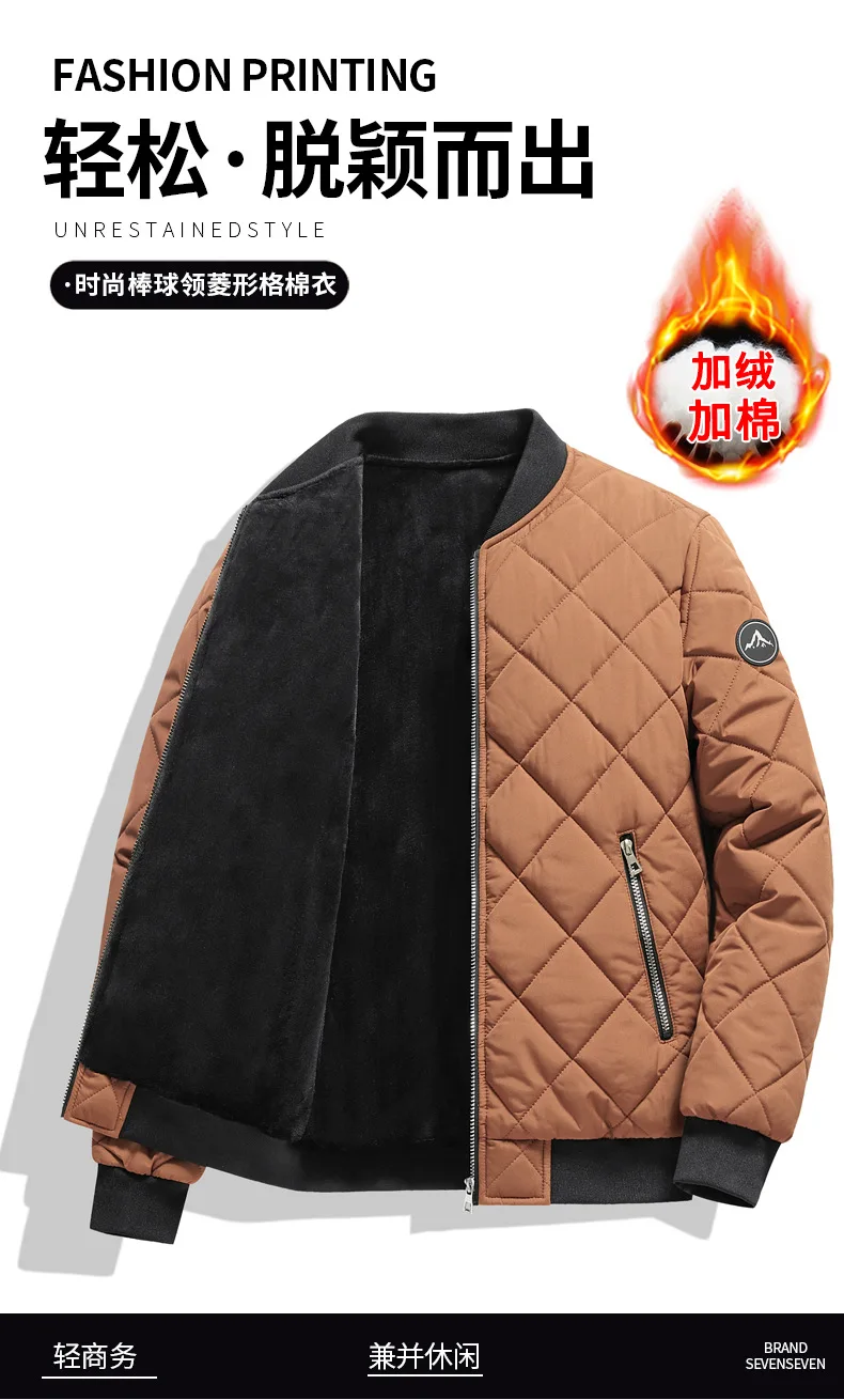 Mens Winter Baseball Style Cotton Padded Outerwear Fashion Casual Stand Collar Fleece Lined Thick Warm Coat For Male Daily Cold