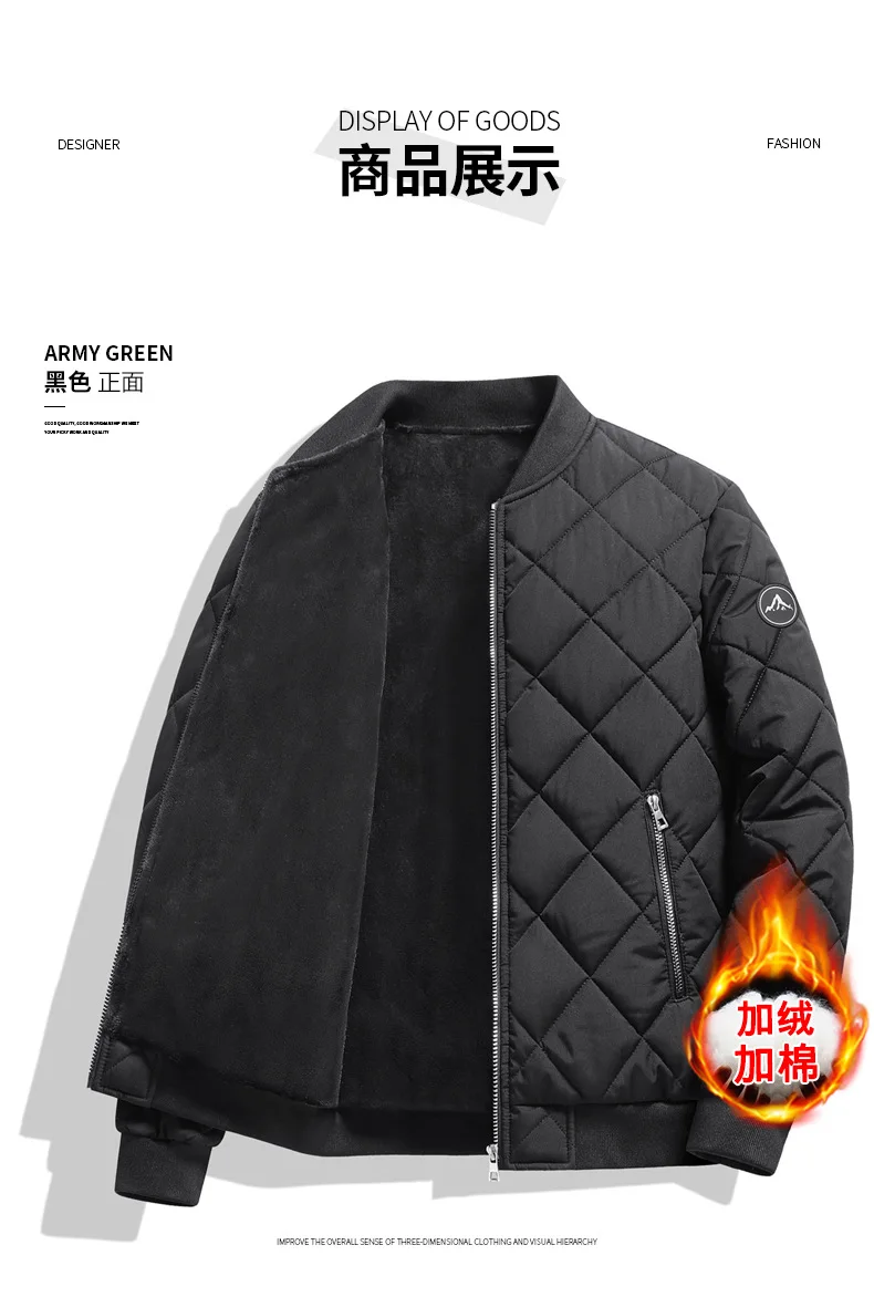 Mens Winter Baseball Style Cotton Padded Outerwear Fashion Casual Stand Collar Fleece Lined Thick Warm Coat For Male Daily Cold