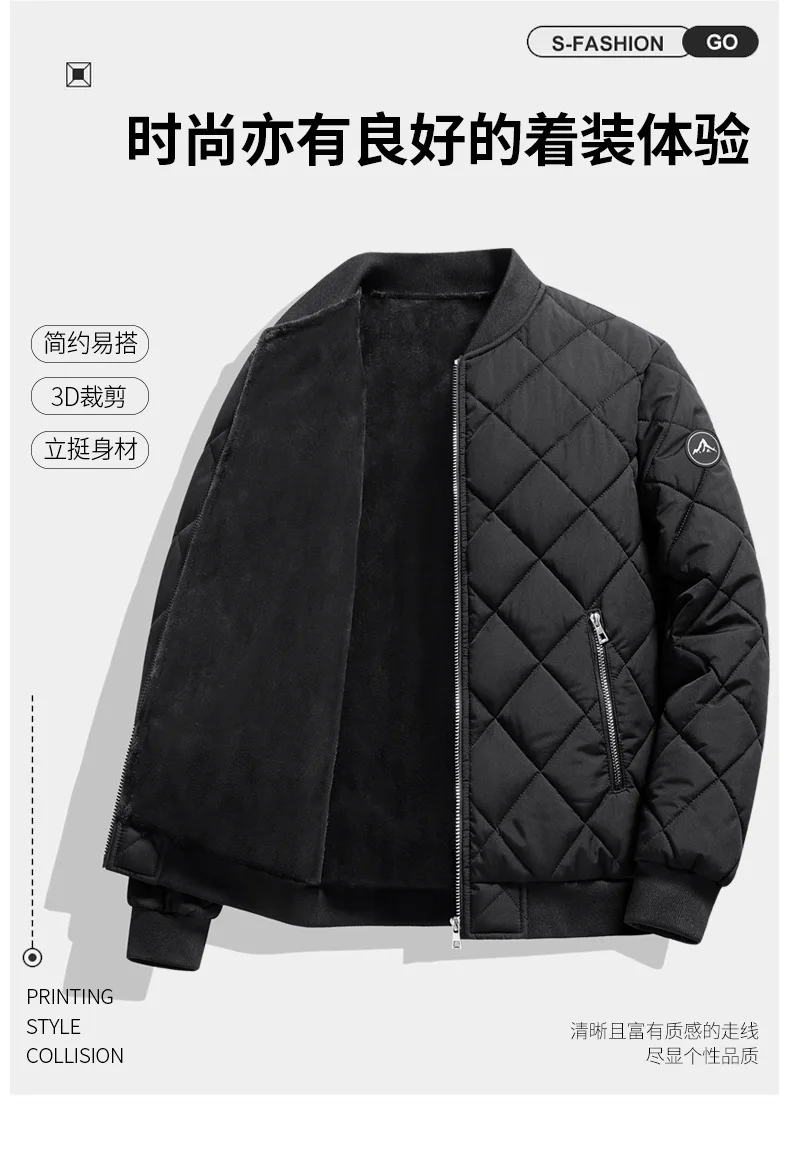 Mens Winter Baseball Style Cotton Padded Outerwear Fashion Casual Stand Collar Fleece Lined Thick Warm Coat For Male Daily Cold