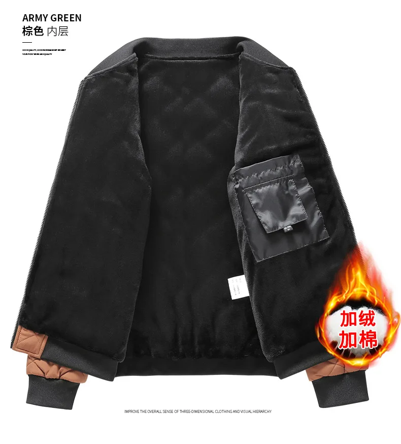 Mens Winter Baseball Style Cotton Padded Outerwear Fashion Casual Stand Collar Fleece Lined Thick Warm Coat For Male Daily Cold