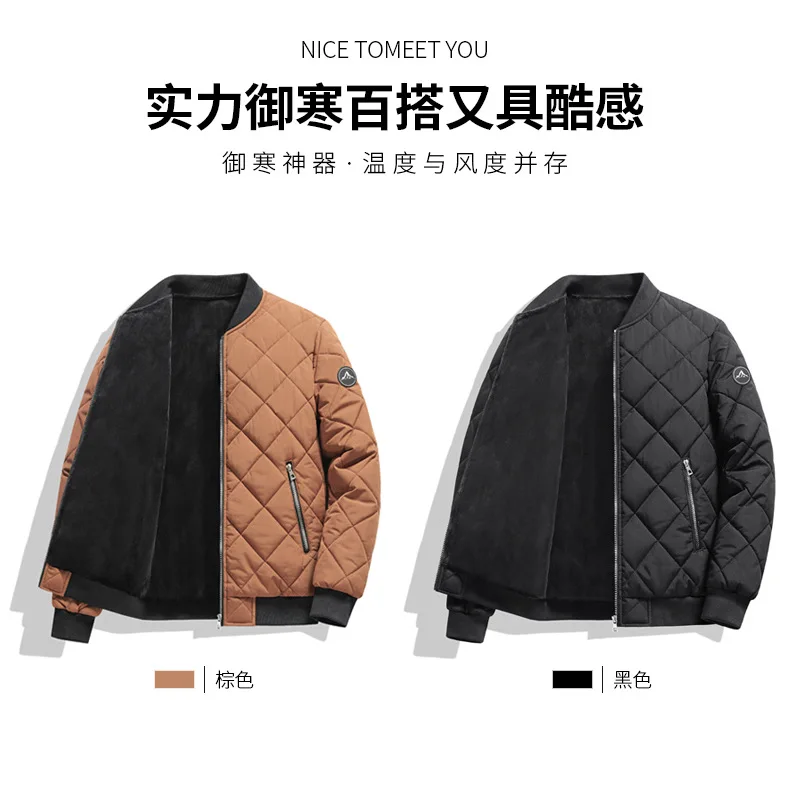 Mens Winter Baseball Style Cotton Padded Outerwear Fashion Casual Stand Collar Fleece Lined Thick Warm Coat For Male Daily Cold