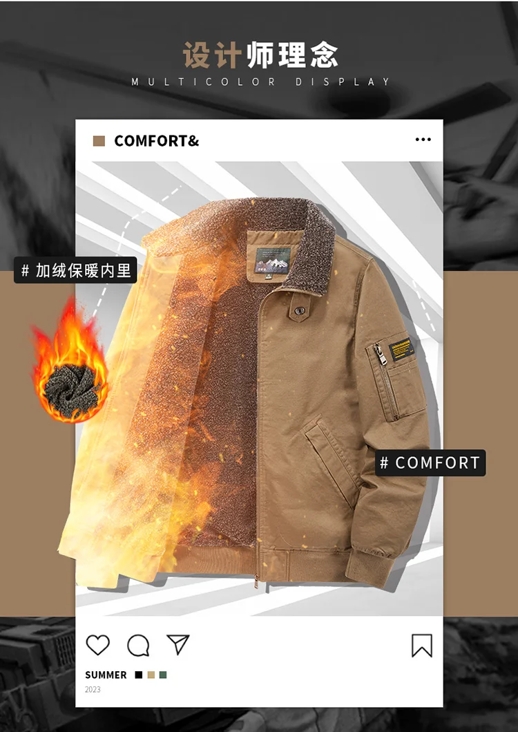 Fleece American Lapel Parkas Handsome Flight Jacket Autumn Winter Cotton Washed Workwear Jacket Men Casual Versatile Retro Coat