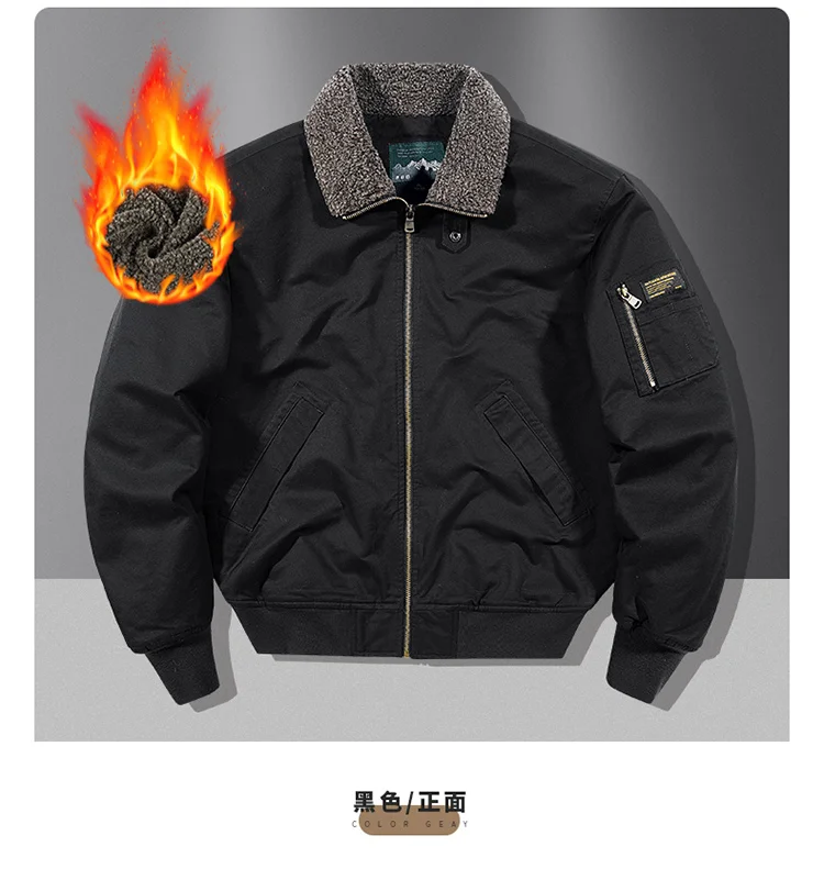 Fleece American Lapel Parkas Handsome Flight Jacket Autumn Winter Cotton Washed Workwear Jacket Men Casual Versatile Retro Coat