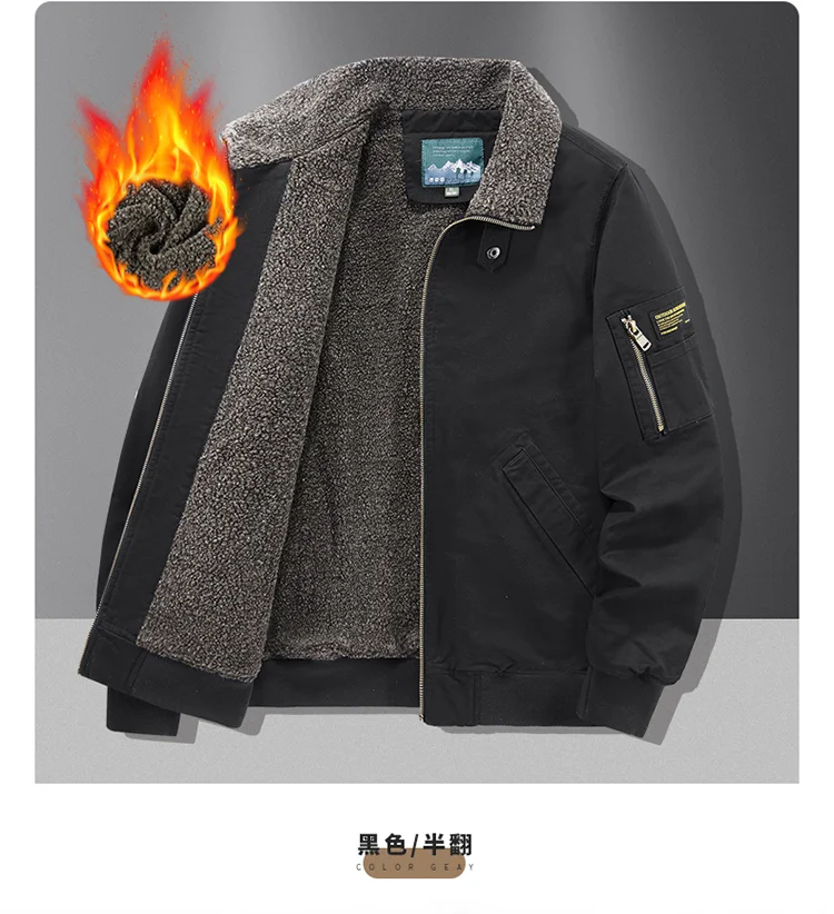 Fleece American Lapel Parkas Handsome Flight Jacket Autumn Winter Cotton Washed Workwear Jacket Men Casual Versatile Retro Coat