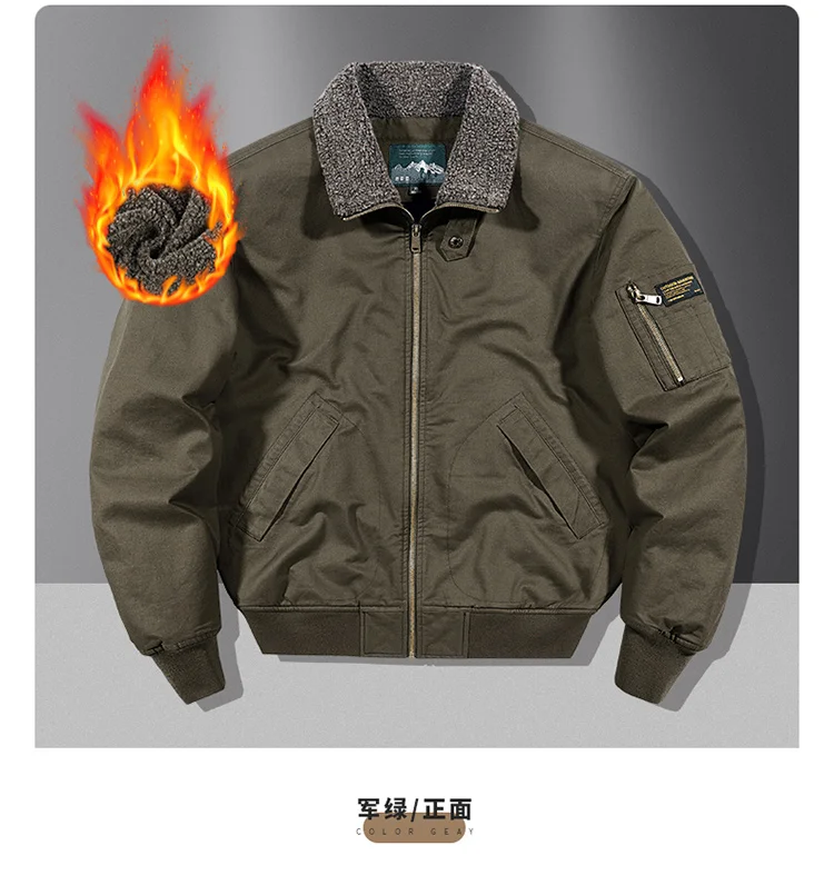 Fleece American Lapel Parkas Handsome Flight Jacket Autumn Winter Cotton Washed Workwear Jacket Men Casual Versatile Retro Coat