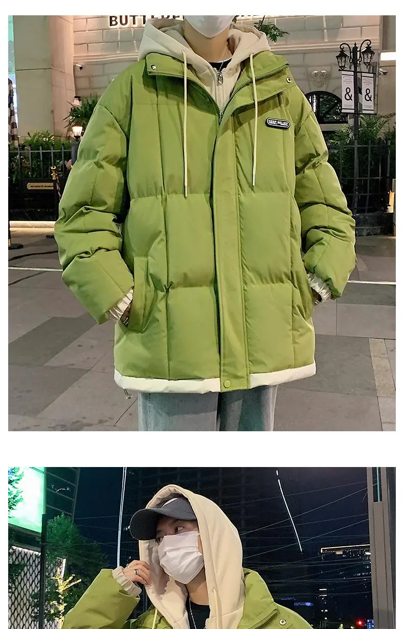 2026 Fake Two Piece Mens Hooded Parkas Unisex Cotton Padded Winter Jacket Fashion Warm Thicken Coats