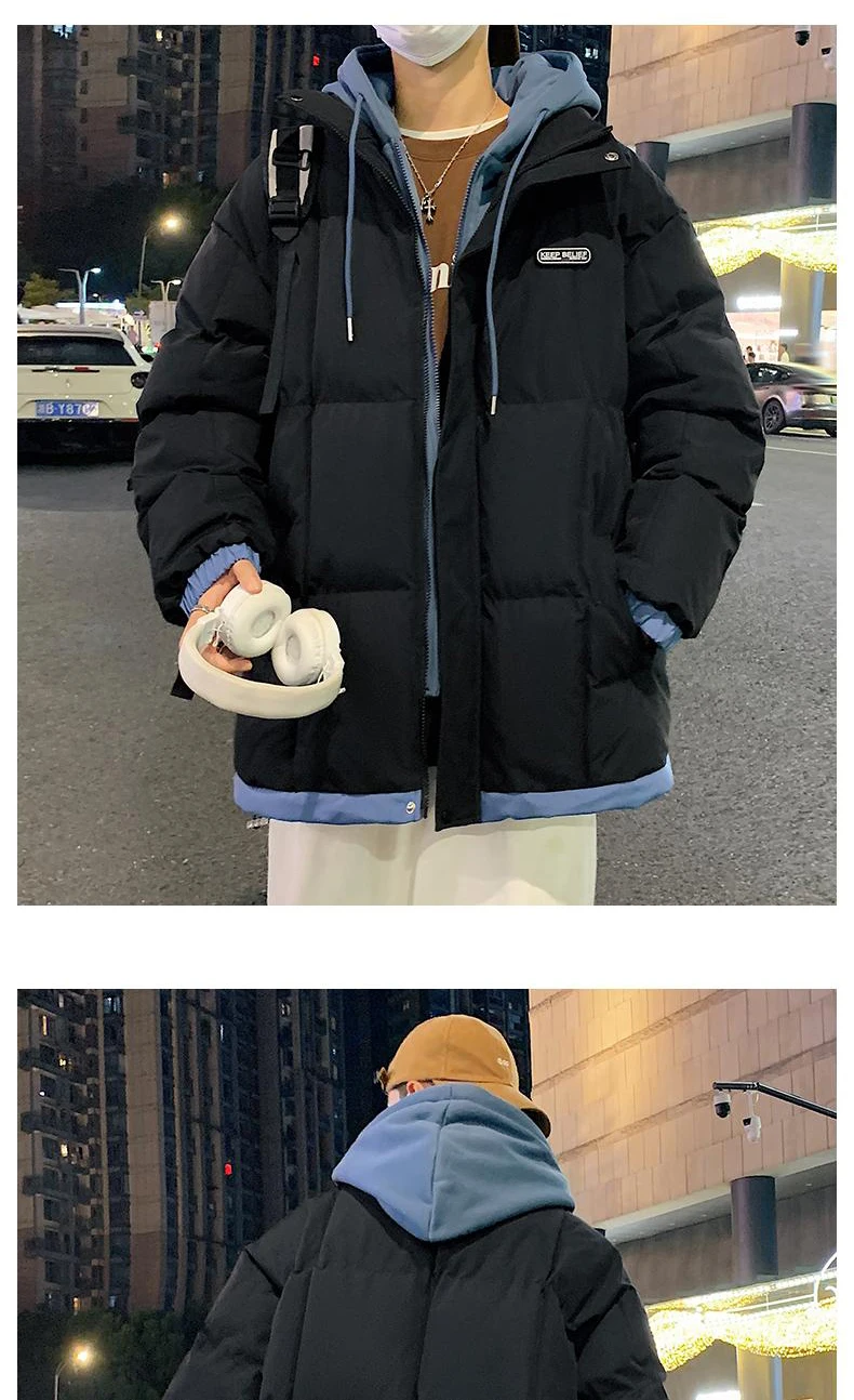 2026 Fake Two Piece Mens Hooded Parkas Unisex Cotton Padded Winter Jacket Fashion Warm Thicken Coats