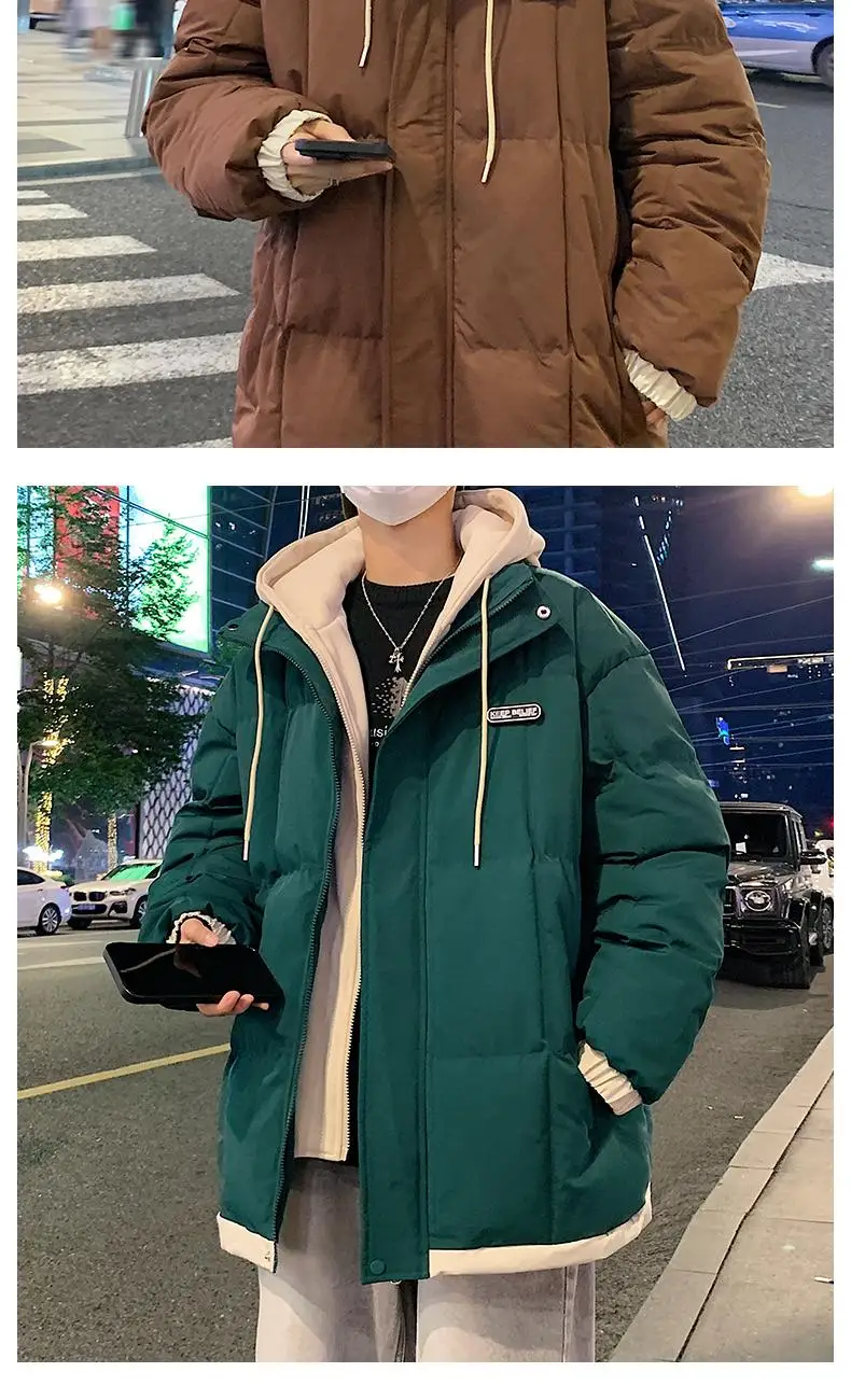 2026 Fake Two Piece Mens Hooded Parkas Unisex Cotton Padded Winter Jacket Fashion Warm Thicken Coats