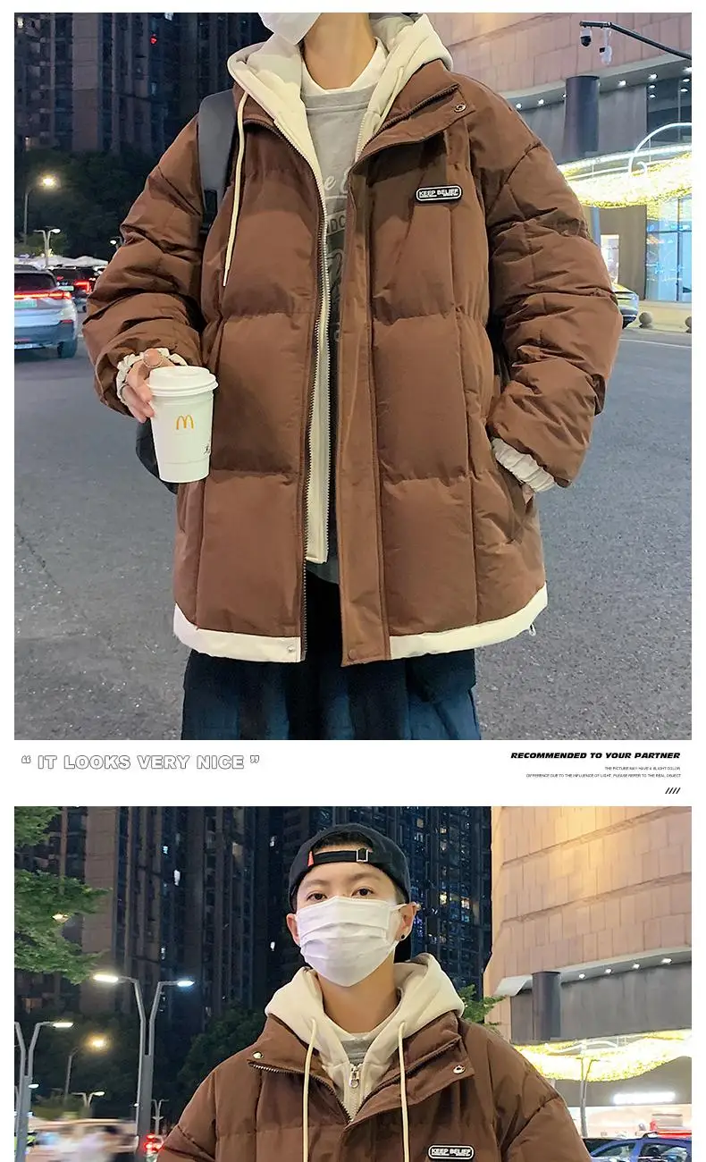2026 Fake Two Piece Mens Hooded Parkas Unisex Cotton Padded Winter Jacket Fashion Warm Thicken Coats