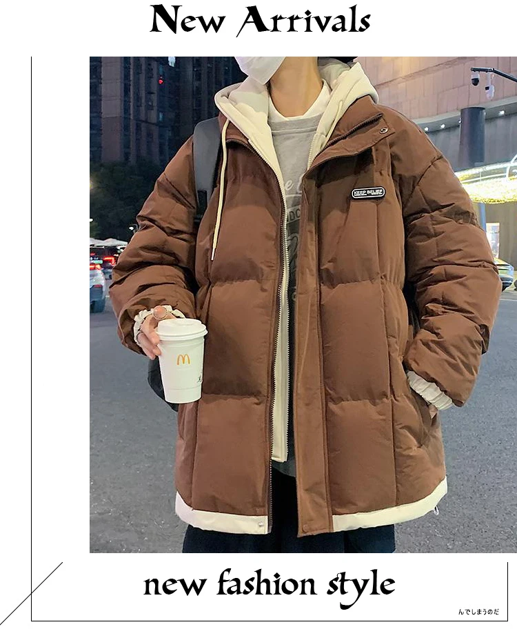 2026 Fake Two Piece Mens Hooded Parkas Unisex Cotton Padded Winter Jacket Fashion Warm Thicken Coats