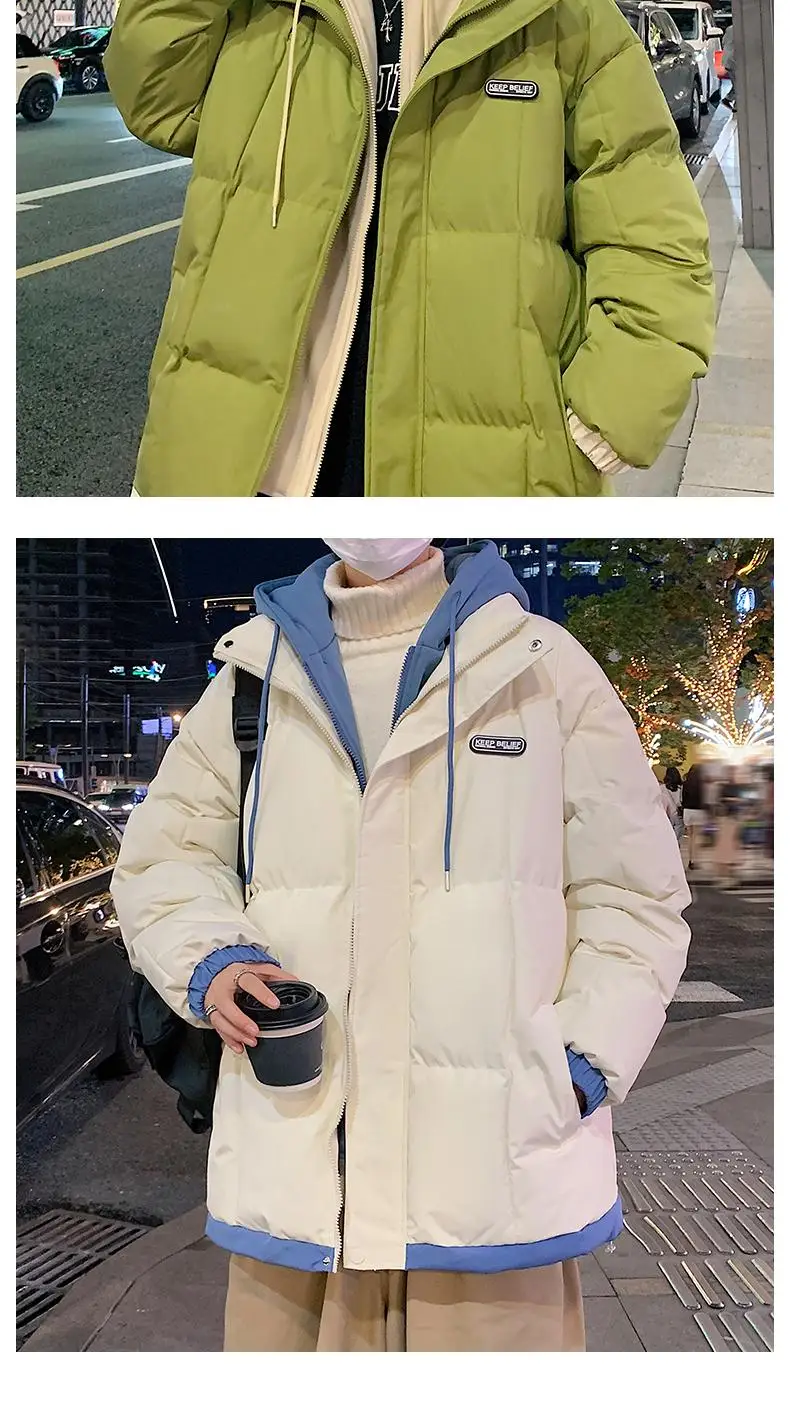 2026 Fake Two Piece Mens Hooded Parkas Unisex Cotton Padded Winter Jacket Fashion Warm Thicken Coats
