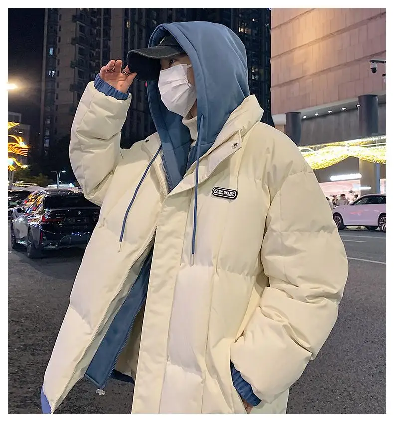 2026 Fake Two Piece Mens Hooded Parkas Unisex Cotton Padded Winter Jacket Fashion Warm Thicken Coats