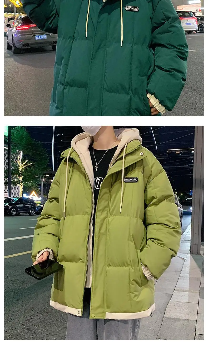 2026 Fake Two Piece Mens Hooded Parkas Unisex Cotton Padded Winter Jacket Fashion Warm Thicken Coats