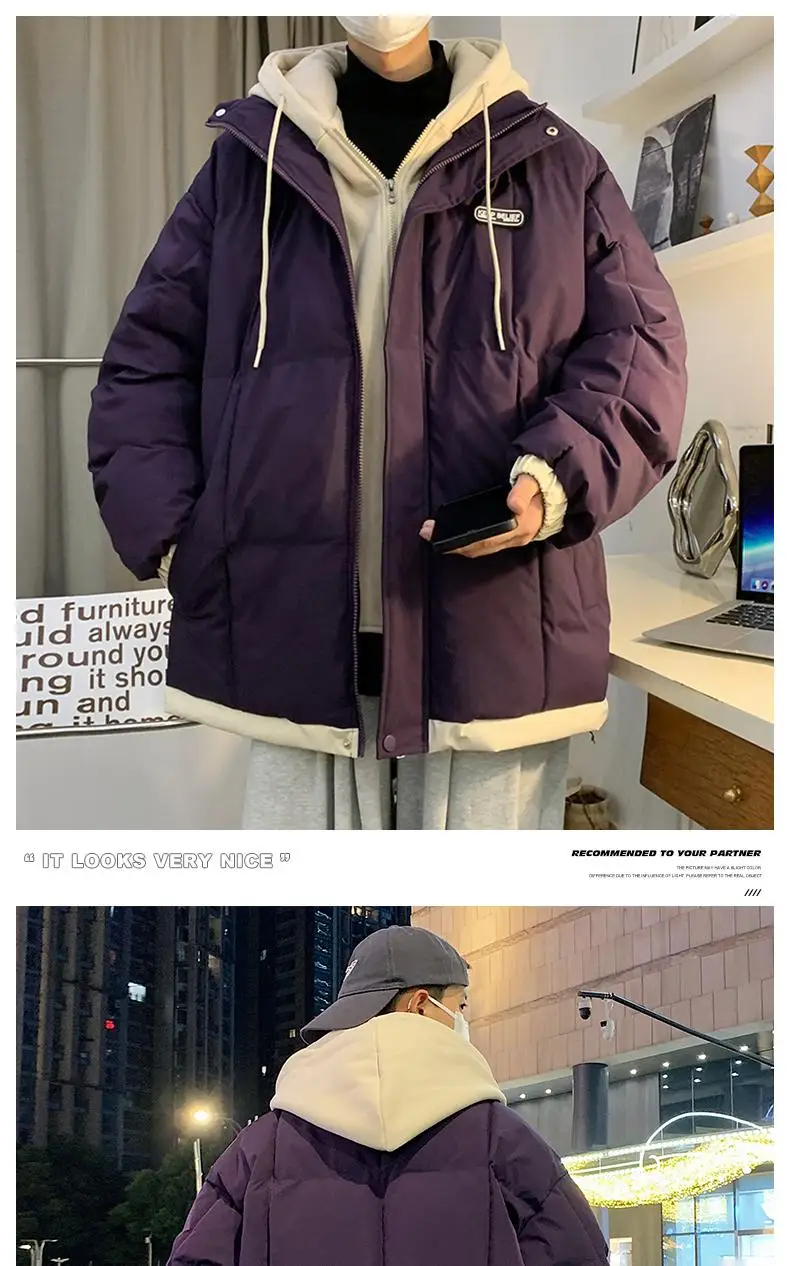2026 Fake Two Piece Mens Hooded Parkas Unisex Cotton Padded Winter Jacket Fashion Warm Thicken Coats