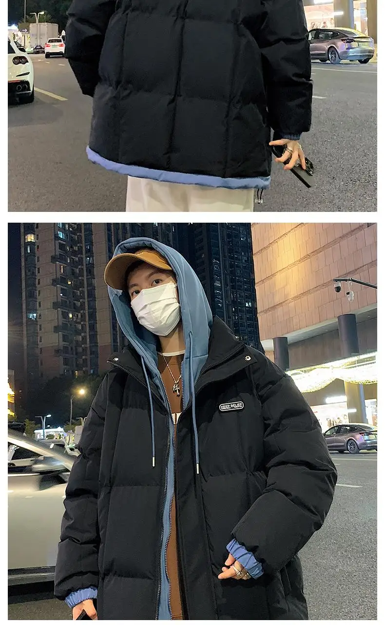 2026 Fake Two Piece Mens Hooded Parkas Unisex Cotton Padded Winter Jacket Fashion Warm Thicken Coats
