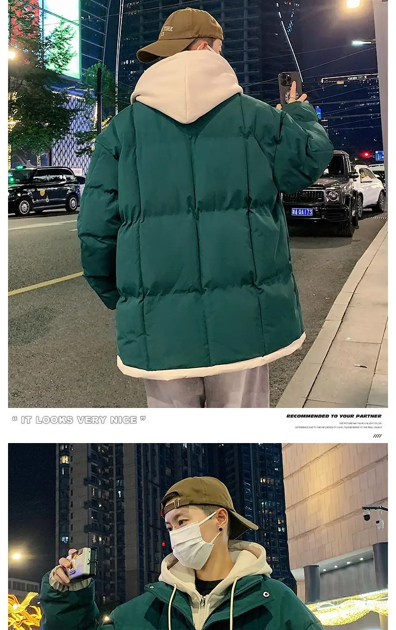 2026 Fake Two Piece Mens Hooded Parkas Unisex Cotton Padded Winter Jacket Fashion Warm Thicken Coats