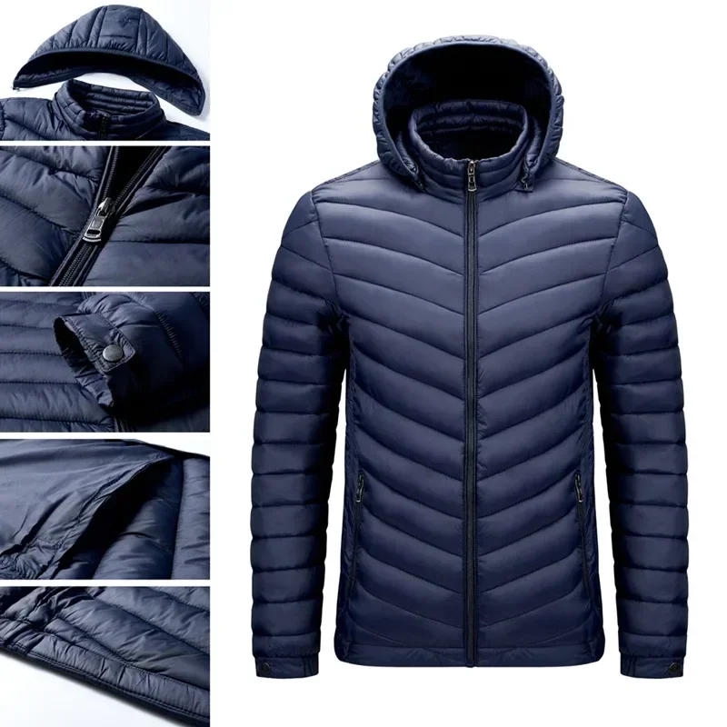 Men's Autumn and Winter New Lightweight Stand Collar Cotton Jacket, Solid Color Leisure Youth Multi-pocket Zipper Cotton Jacket