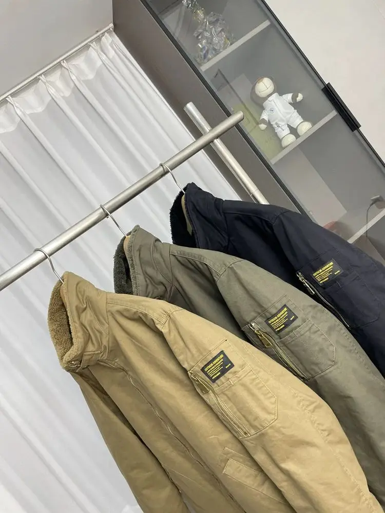 2026 Winter Stand Collar Cashmere Coats Men's Winter Multi-pocket Tooling Jackets Male Solid Color Cotton-padded Parkas C956