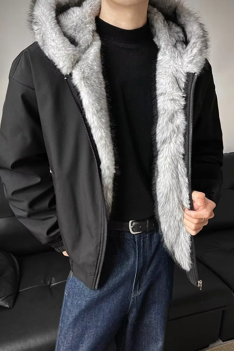 Winter Men Black Grey Long Sleeve Hooded Casual Trendy Simple Basic Thicken Parkas New Fashion American Style Male Clothes Tops