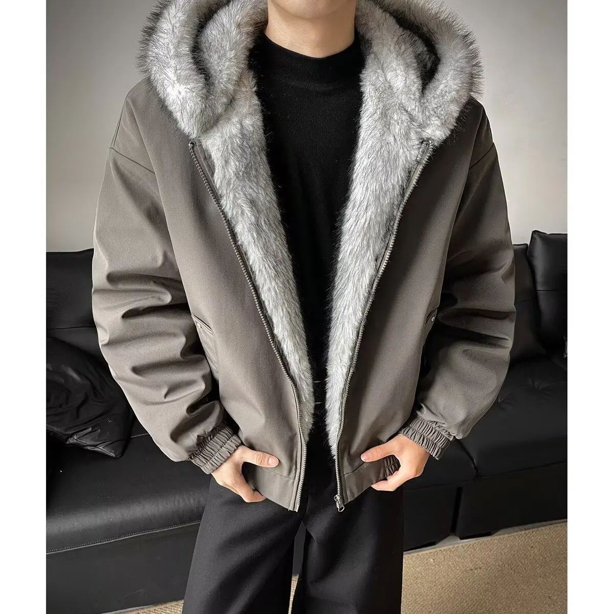 Winter Men Black Grey Long Sleeve Hooded Casual Trendy Simple Basic Thicken Parkas New Fashion American Style Male Clothes Tops
