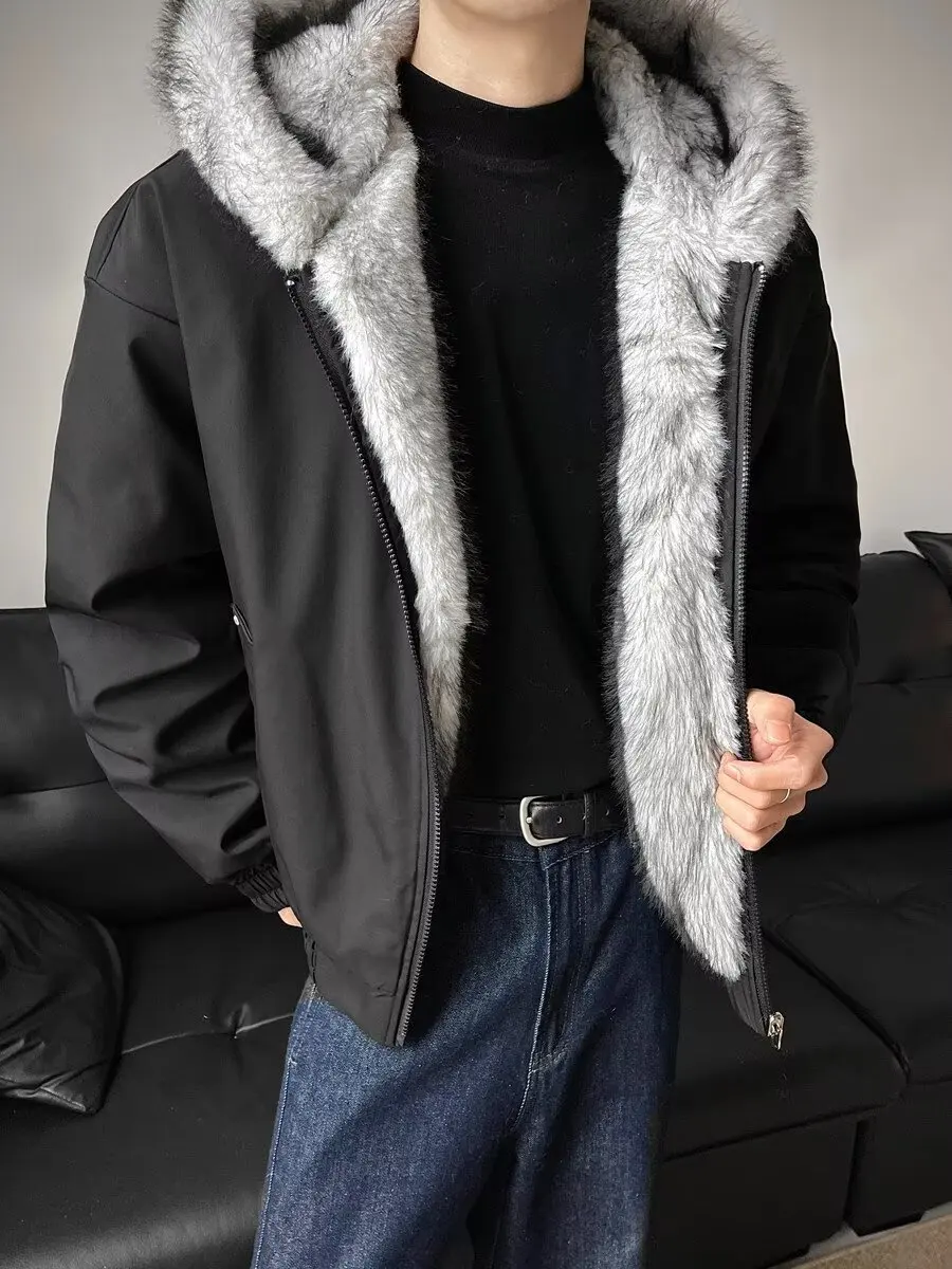 Winter Men Black Grey Long Sleeve Hooded Casual Trendy Simple Basic Thicken Parkas New Fashion American Style Male Clothes Tops