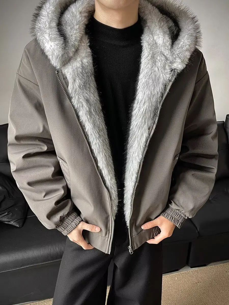 Winter Men Black Grey Long Sleeve Hooded Casual Trendy Simple Basic Thicken Parkas New Fashion American Style Male Clothes Tops
