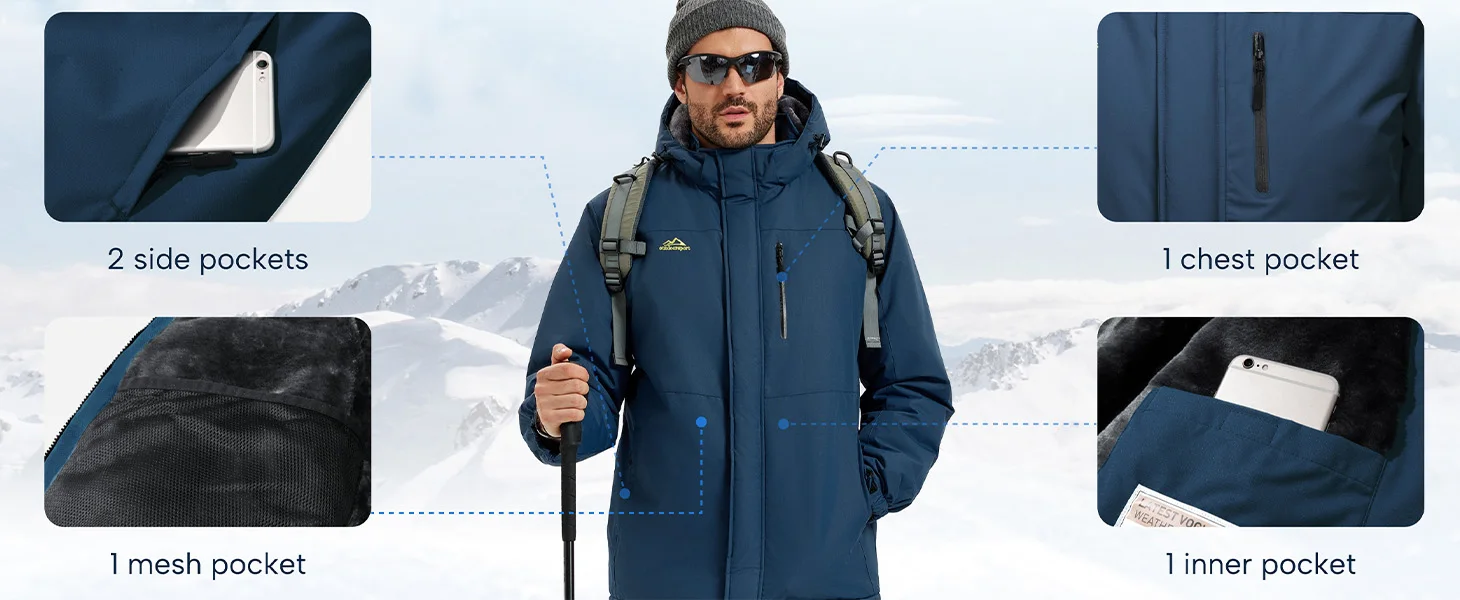 TACVASEN Mens Heavyweight Ski Jacket Waterproof Fleece Parka Detached Hood Windproof Placket Outdoor Coat Winter Warm 5 Pocket
