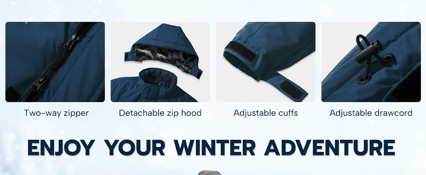 TACVASEN Mens Heavyweight Ski Jacket Waterproof Fleece Parka Detached Hood Windproof Placket Outdoor Coat Winter Warm 5 Pocket
