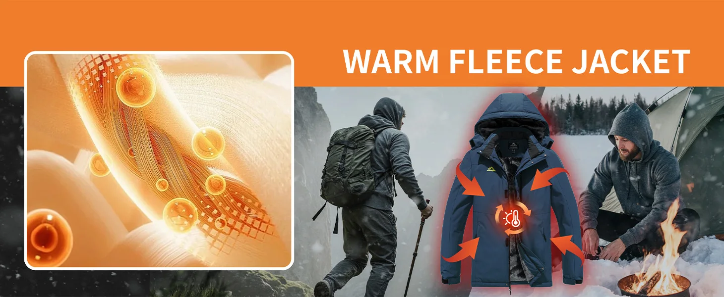 TACVASEN Mens Heavyweight Ski Jacket Waterproof Fleece Parka Detached Hood Windproof Placket Outdoor Coat Winter Warm 5 Pocket