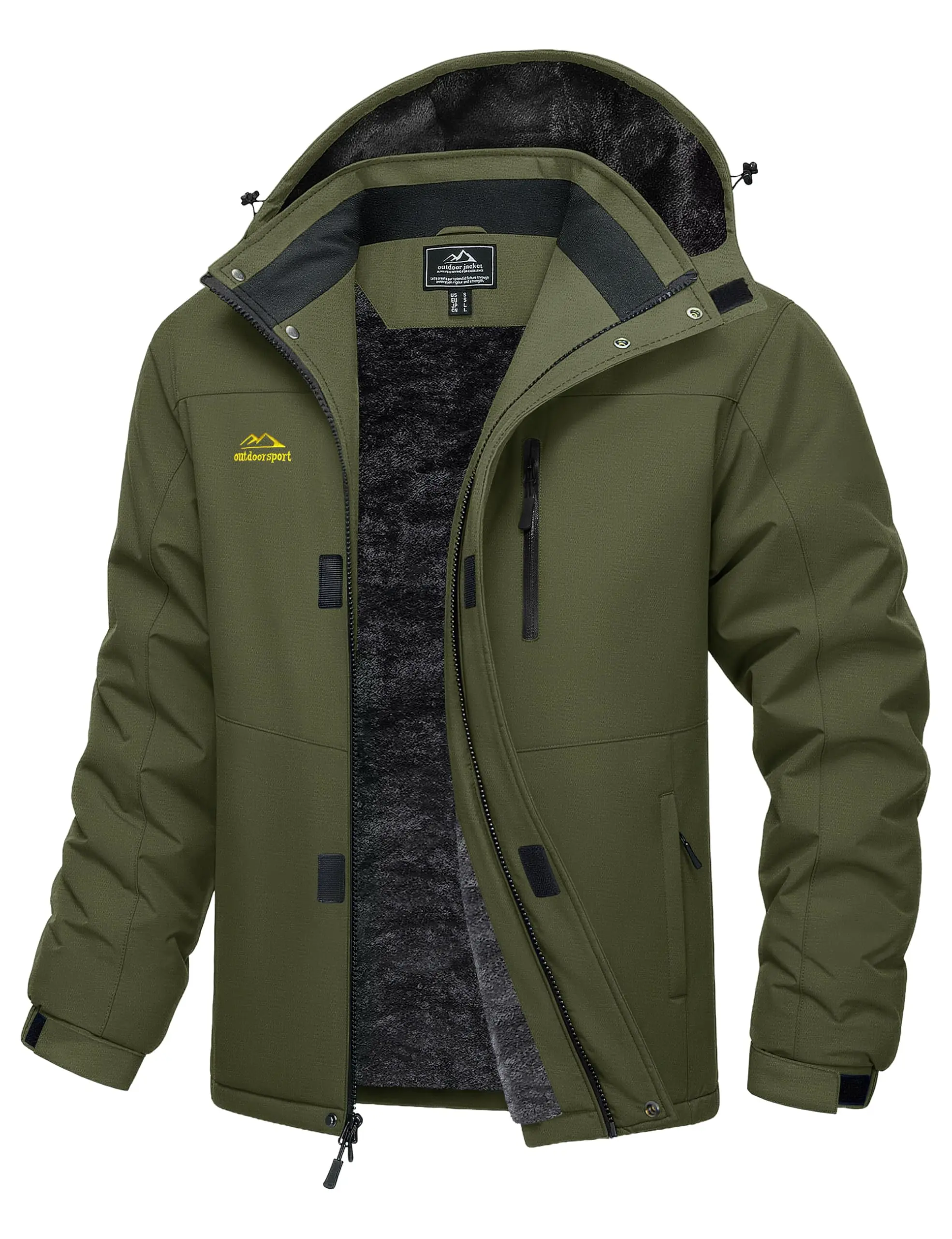 TACVASEN Mens Heavyweight Ski Jacket Waterproof Fleece Parka Detached Hood Windproof Placket Outdoor Coat Winter Warm 5 Pocket