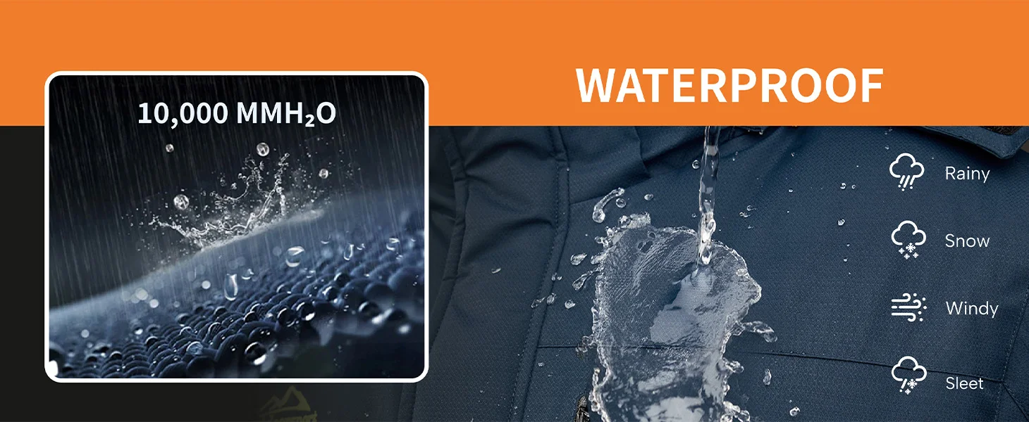 TACVASEN Mens Heavyweight Ski Jacket Waterproof Fleece Parka Detached Hood Windproof Placket Outdoor Coat Winter Warm 5 Pocket