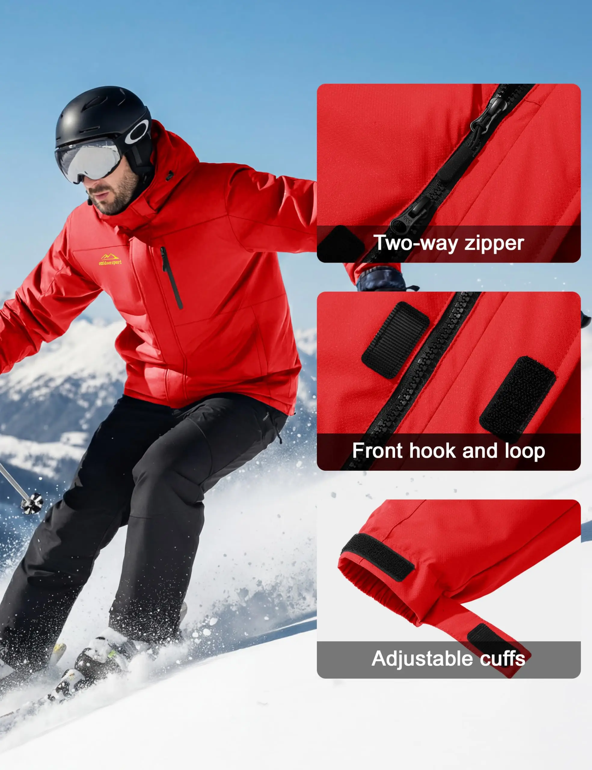 TACVASEN Mens Heavyweight Ski Jacket Waterproof Fleece Parka Detached Hood Windproof Placket Outdoor Coat Winter Warm 5 Pocket