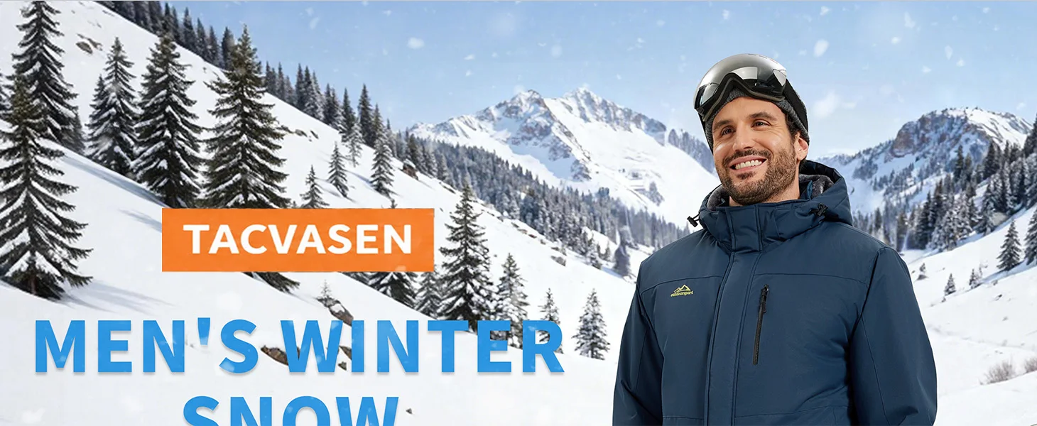 TACVASEN Mens Heavyweight Ski Jacket Waterproof Fleece Parka Detached Hood Windproof Placket Outdoor Coat Winter Warm 5 Pocket