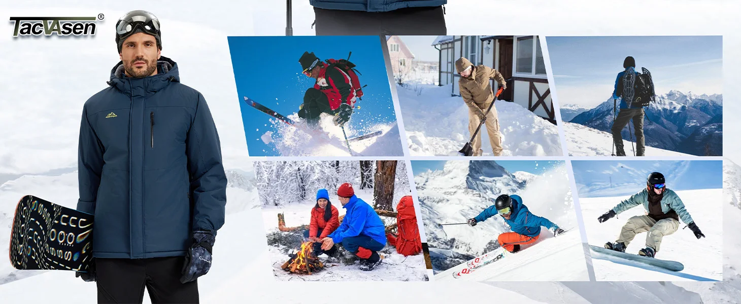 TACVASEN Mens Heavyweight Ski Jacket Waterproof Fleece Parka Detached Hood Windproof Placket Outdoor Coat Winter Warm 5 Pocket