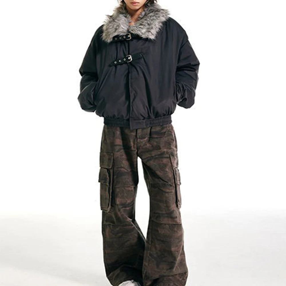 Mens Jackets Furry Faux Fur Casual Coats Spring Streetwear Grunge Punk Straps Fashion Warm Luxury Coats Men'S Clothing 2025 New
