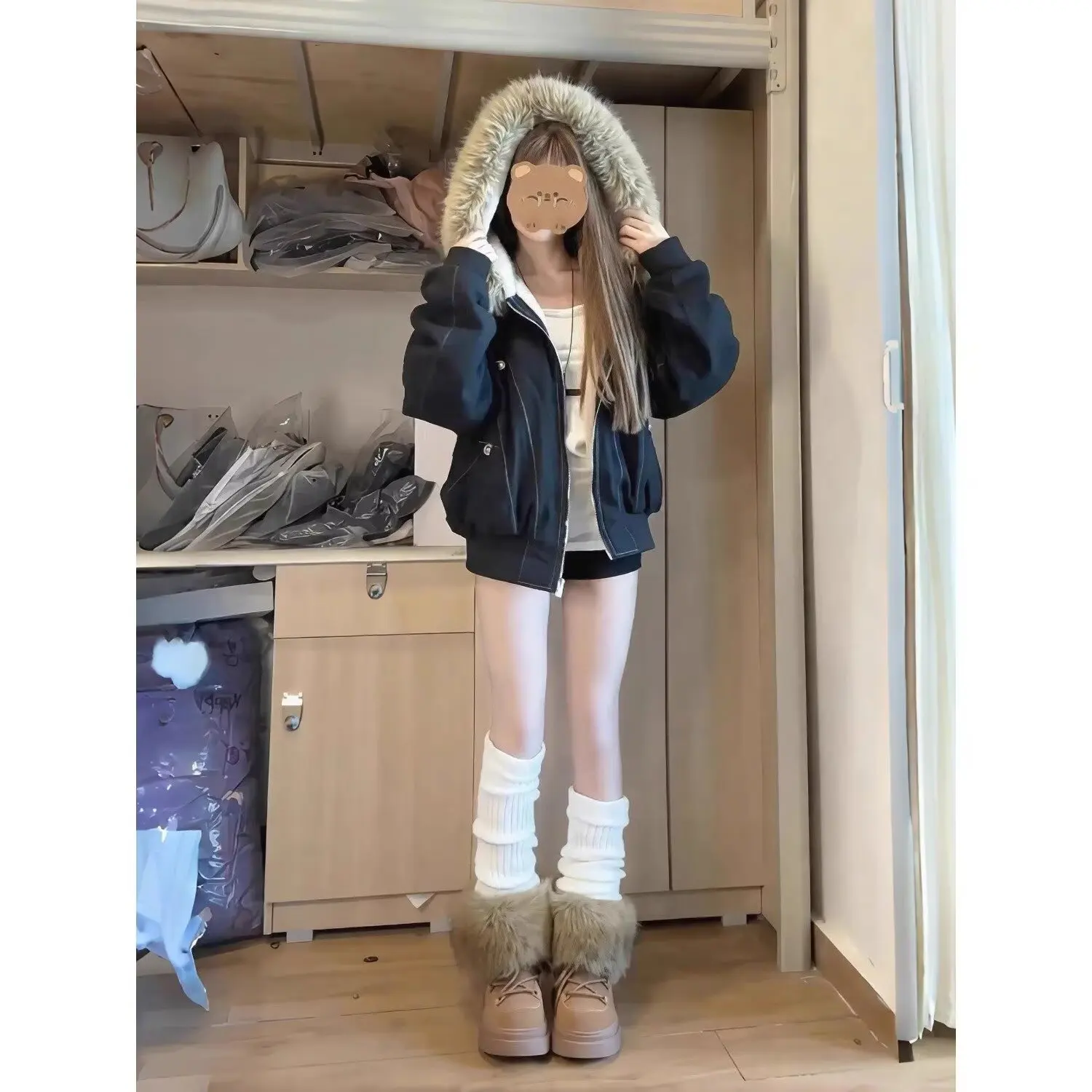 Loose Hooded Faux Mink Collar Couple Short Parkas Hip-hop Winter Men Coat New Casual Thick Warm Women Parka Coat Streetwear