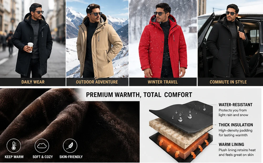 Winter Men's Mid Long Warm Parkas Jacket Fashion Men Thermal Windbreaker Coats Casual Men Fleece Lined Cargo Padded Jackets