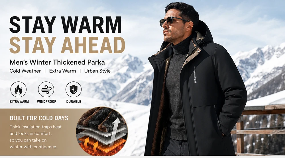 Winter Men's Mid Long Warm Parkas Jacket Fashion Men Thermal Windbreaker Coats Casual Men Fleece Lined Cargo Padded Jackets