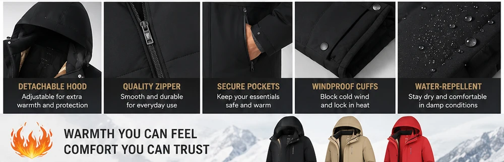 Winter Men's Mid Long Warm Parkas Jacket Fashion Men Thermal Windbreaker Coats Casual Men Fleece Lined Cargo Padded Jackets