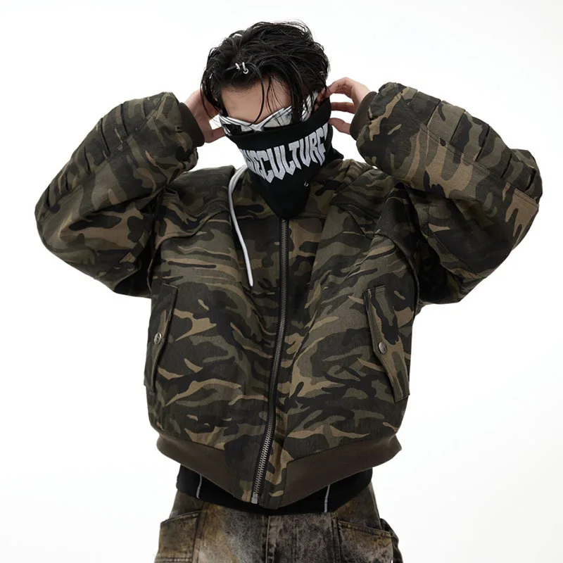 FEWQ American Retro Camouflage Loose And Thick Cotton Jacket, Casual High Street Comfortable Jacket 2026 Autumn New 24W3544