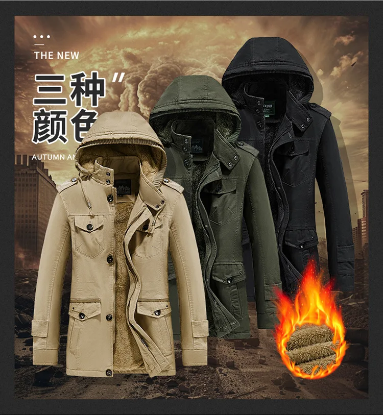 Mens Winter Pure Cotton Mid Length Hooded Workwear Padded Jacket Fleece Lined Thickened Warm Casual Outerwear Coat For Outdoor