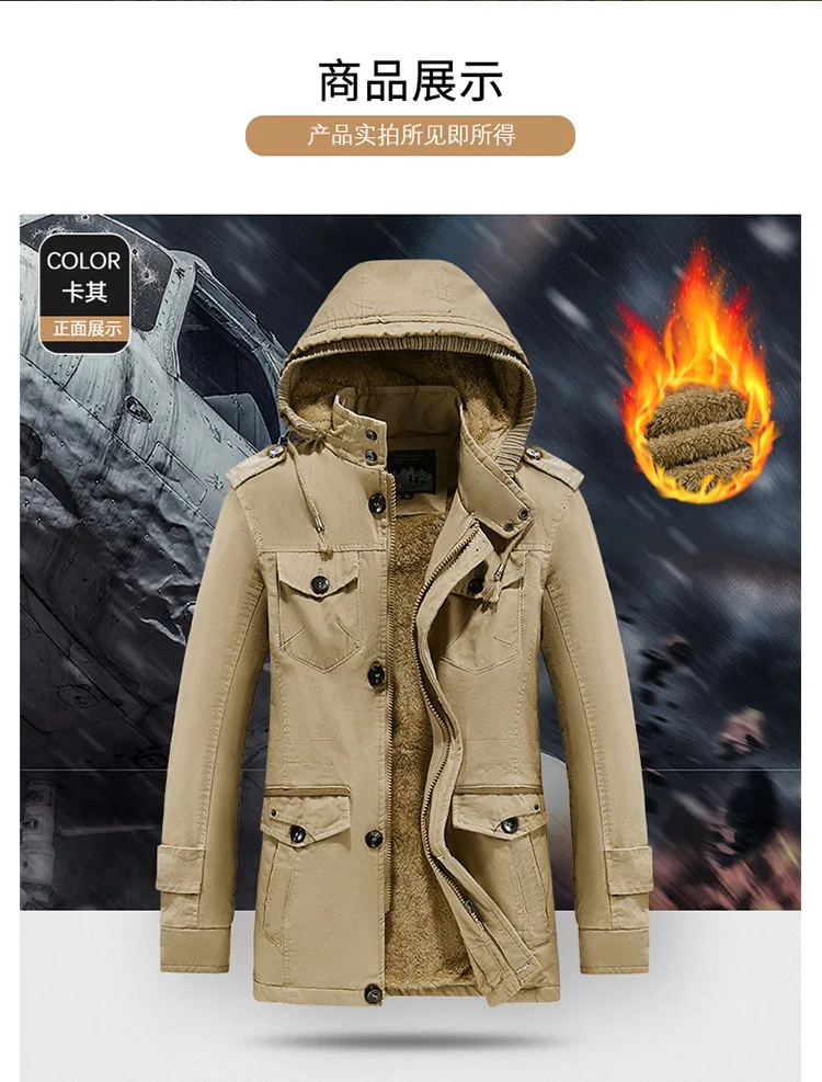 Mens Winter Pure Cotton Mid Length Hooded Workwear Padded Jacket Fleece Lined Thickened Warm Casual Outerwear Coat For Outdoor