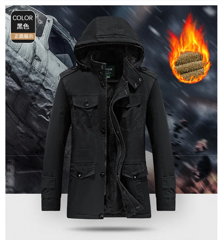 Mens Winter Pure Cotton Mid Length Hooded Workwear Padded Jacket Fleece Lined Thickened Warm Casual Outerwear Coat For Outdoor