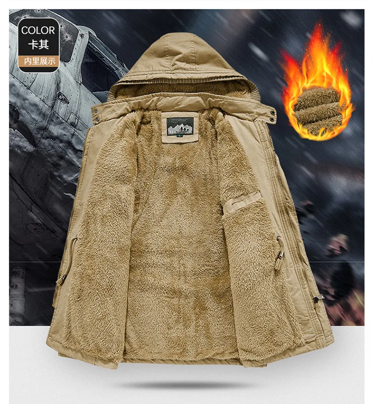 Mens Winter Pure Cotton Mid Length Hooded Workwear Padded Jacket Fleece Lined Thickened Warm Casual Outerwear Coat For Outdoor