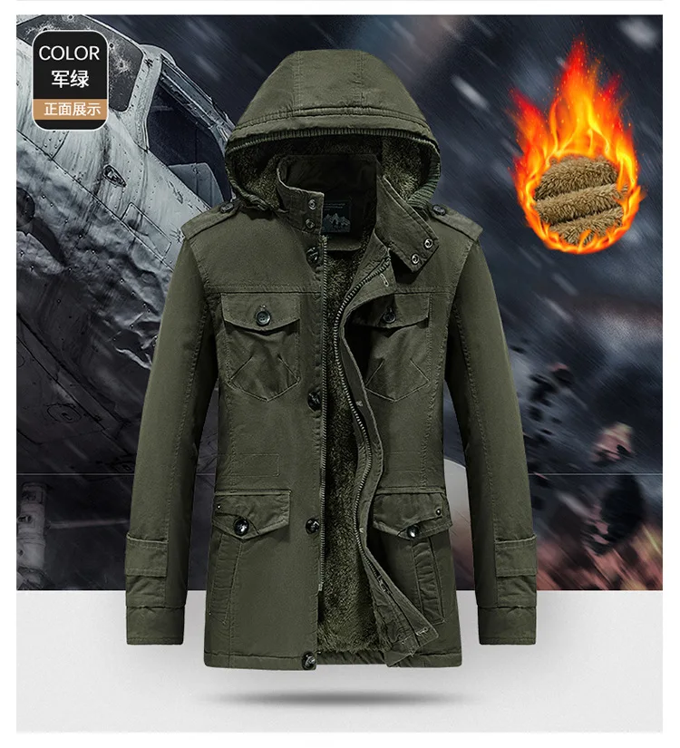Mens Winter Pure Cotton Mid Length Hooded Workwear Padded Jacket Fleece Lined Thickened Warm Casual Outerwear Coat For Outdoor